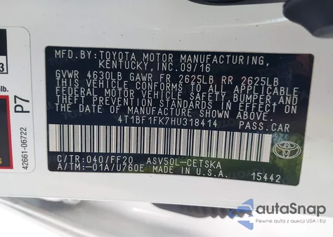 2017 Toyota Camry Se from USA, damaged, VIN 4T1BF1FK7HU318414